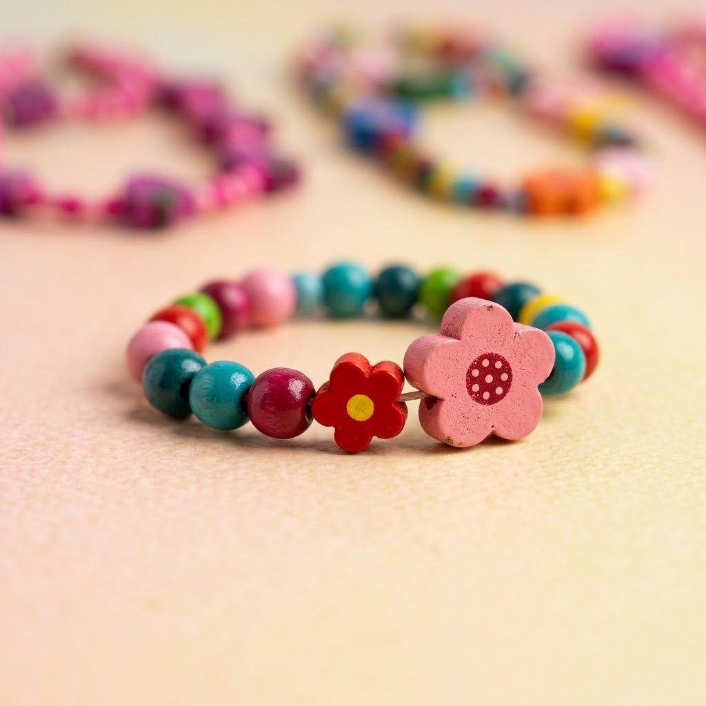 Beaded Necklace and Bracelet Set Wood and Plastic - close-up