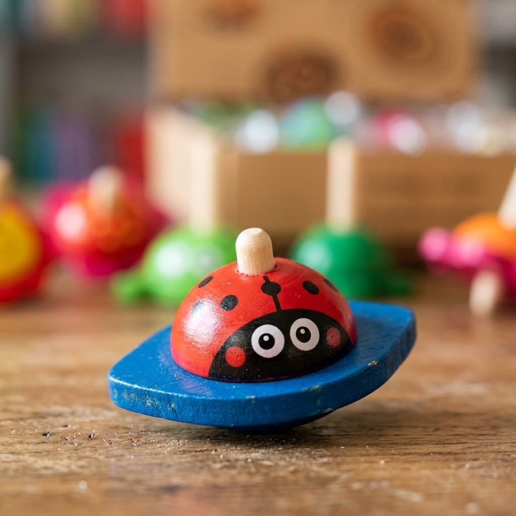 Wooden Spinning Top Flower & Animal Designs 5 cm - close-up