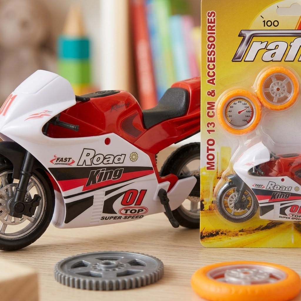 Toy Motorbike 13 cm with Tools and Spare Wheels - close-up