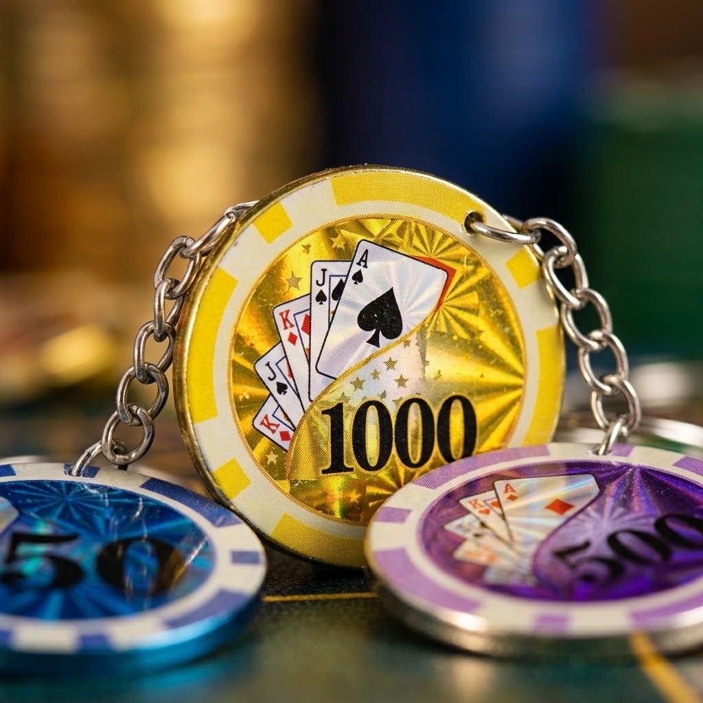 Poker Chip Keychain Casino Keyring Party Favour - close-up