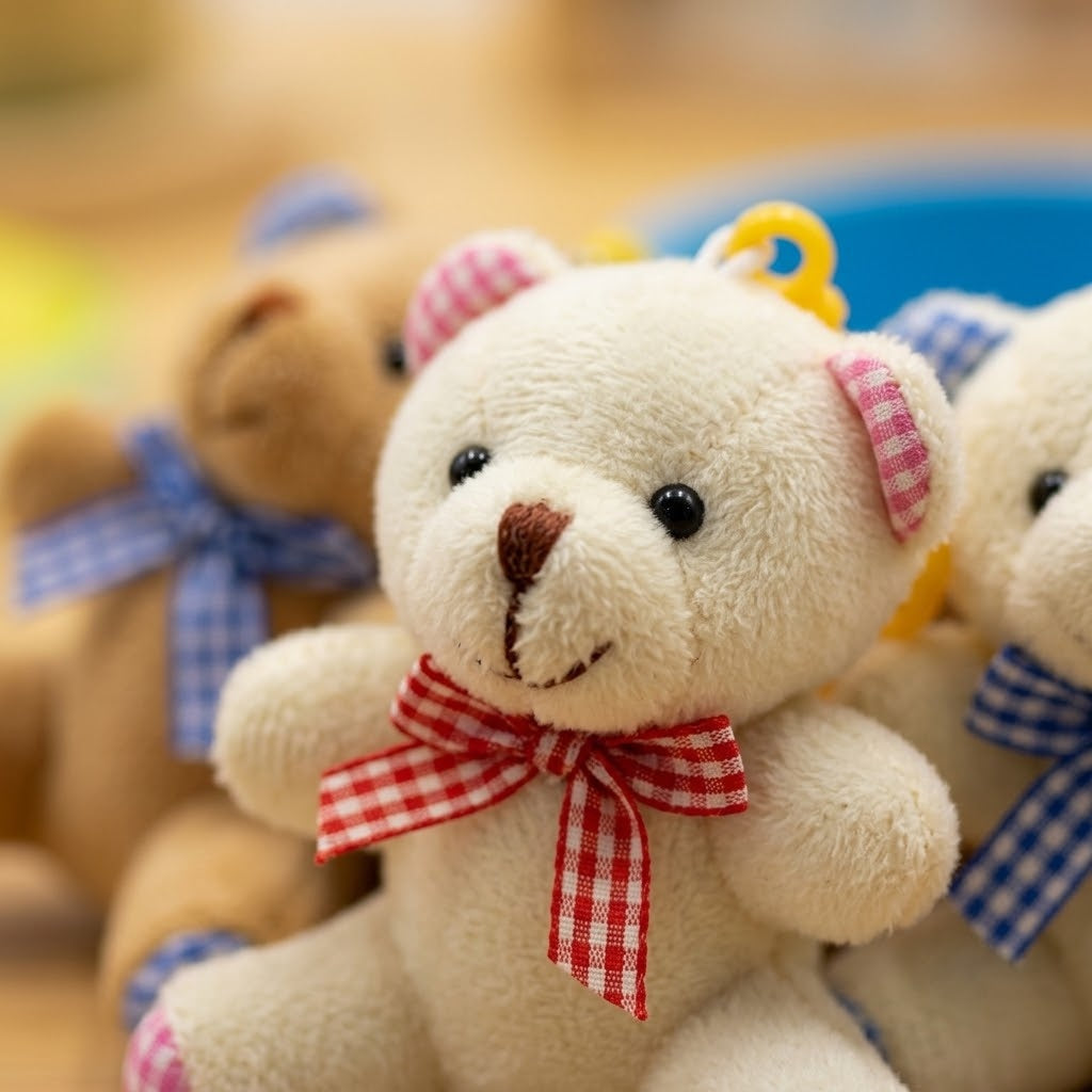 Plush Teddy Bear Keychain with Bow 10 cm - close-up