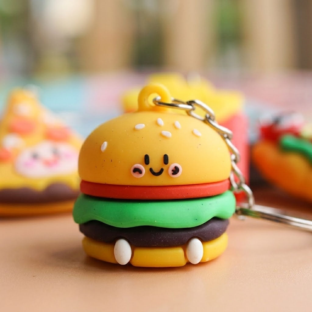 3D Snack Keychain Burger Fries Pizza Keyring 5 cm - close-up