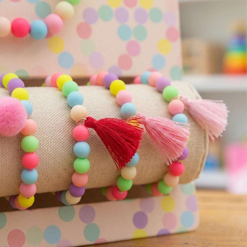 Beaded Stretch Bracelet with Pompoms or Tassels - close-up