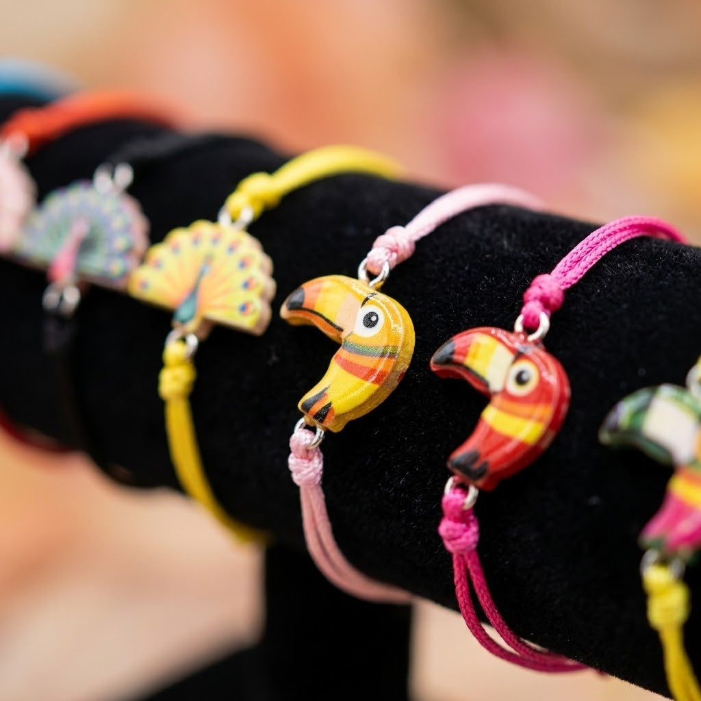 Elastic Bracelet with Toucan or Peacock Charm - close-up