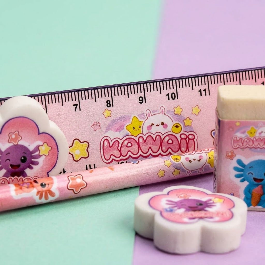 Kawaii Axolotl Stationery Set 4 Pieces - close-up