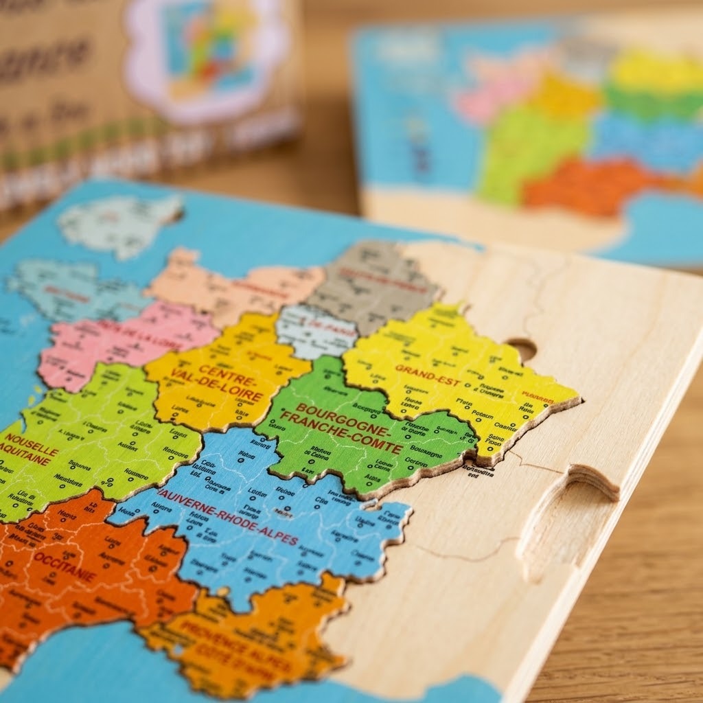 Wooden Map of France Jigsaw Puzzle 14 Pieces - close-up