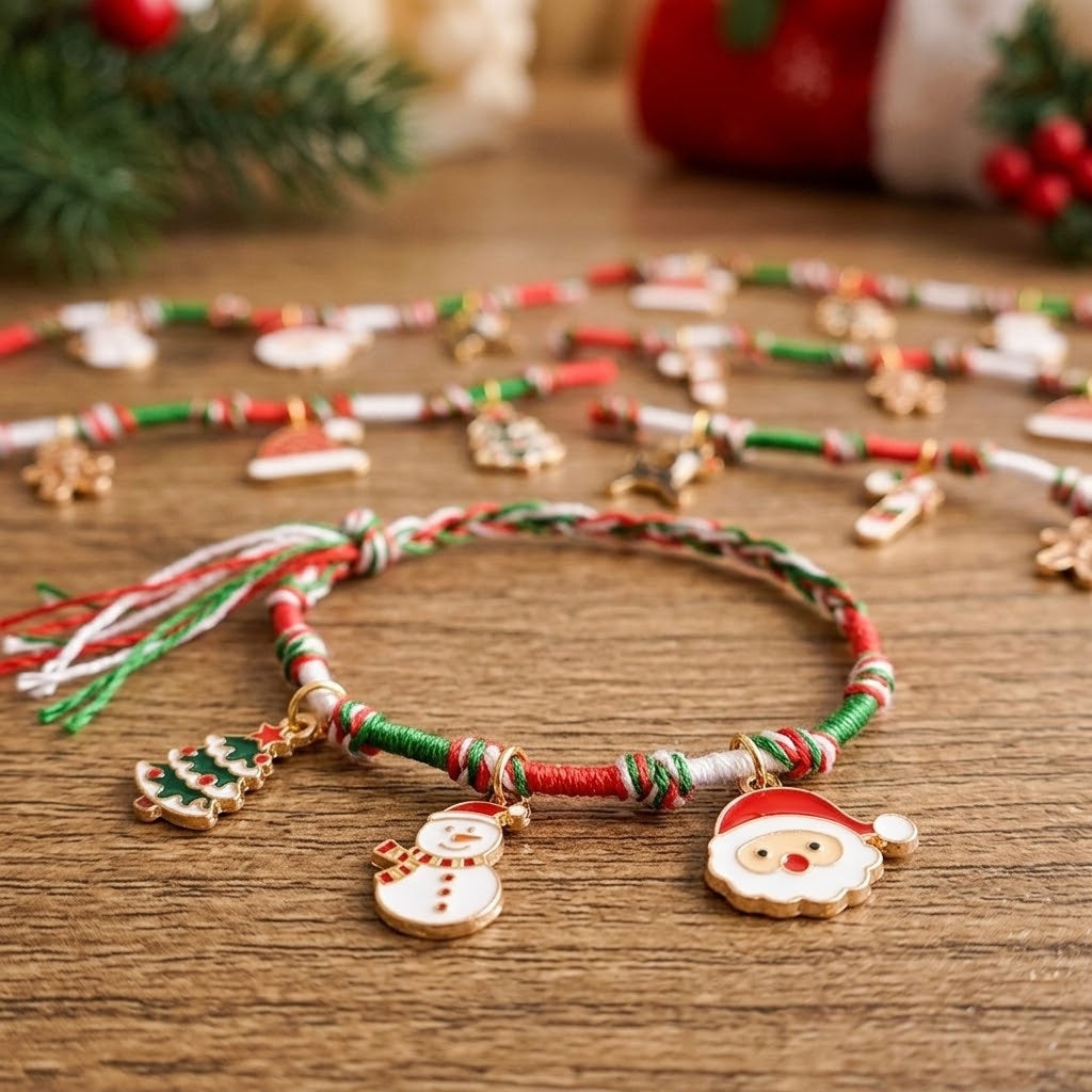 Christmas Woven Bracelet with Metal Charms - close-up