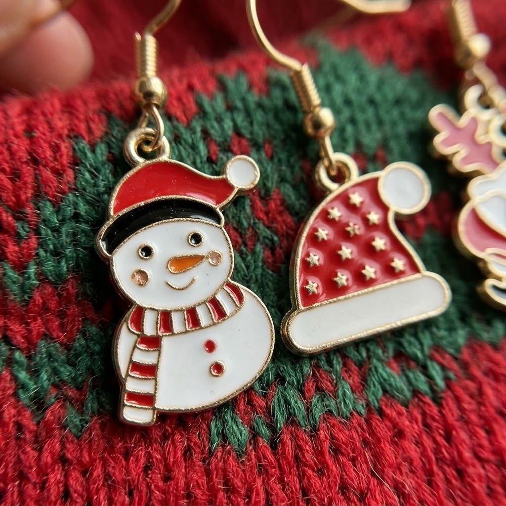 Metal Christmas Earrings for Kids Festive Jewellery - close-up