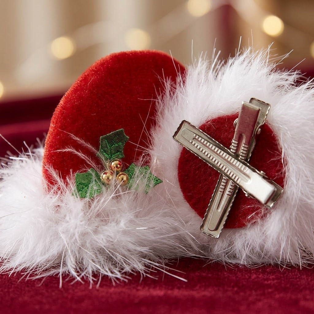 Santa Hat Hair Clip with Feathers and Mistletoe - close-up