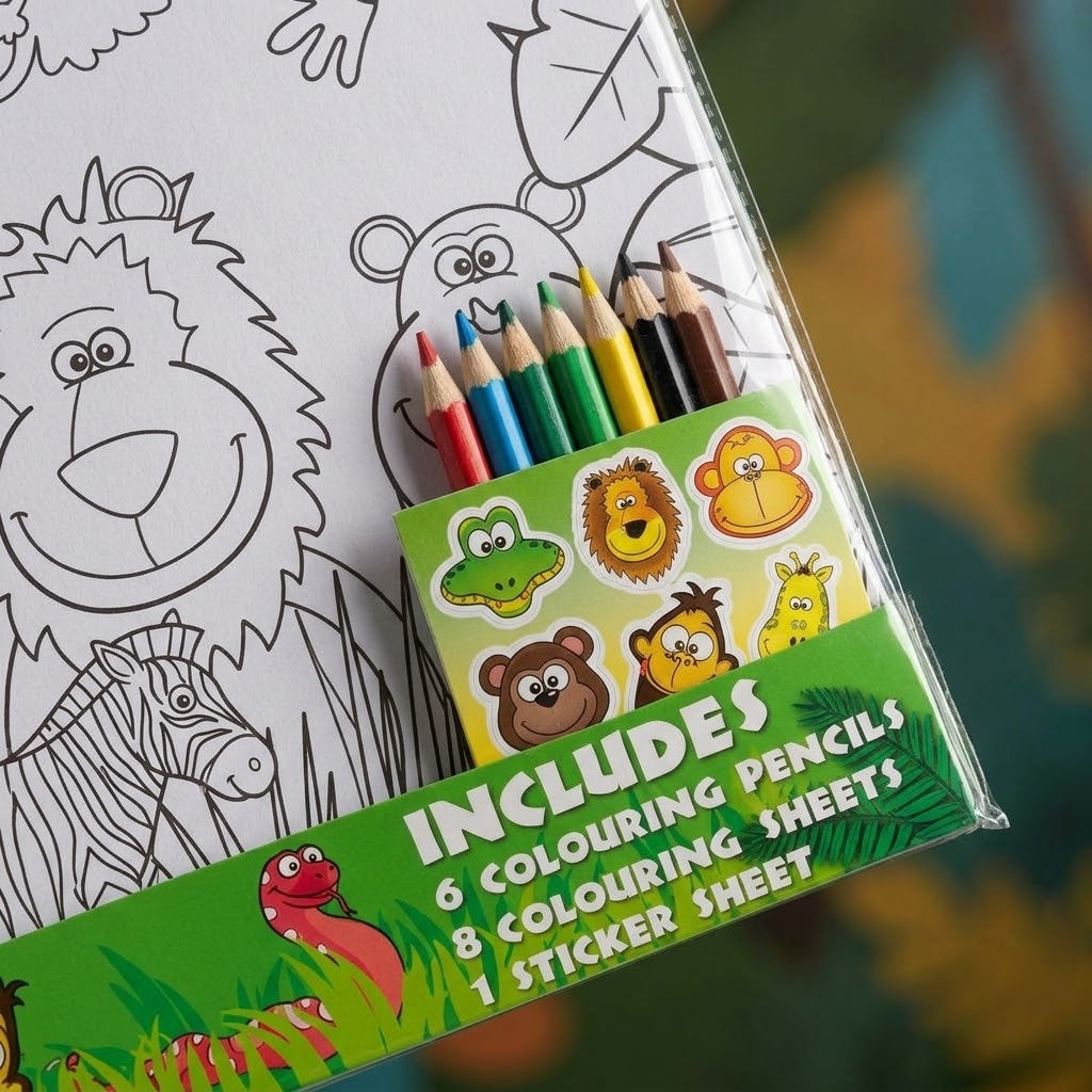 Jungle Animals Colouring Kit A4 with Pencils & Stickers - close-up