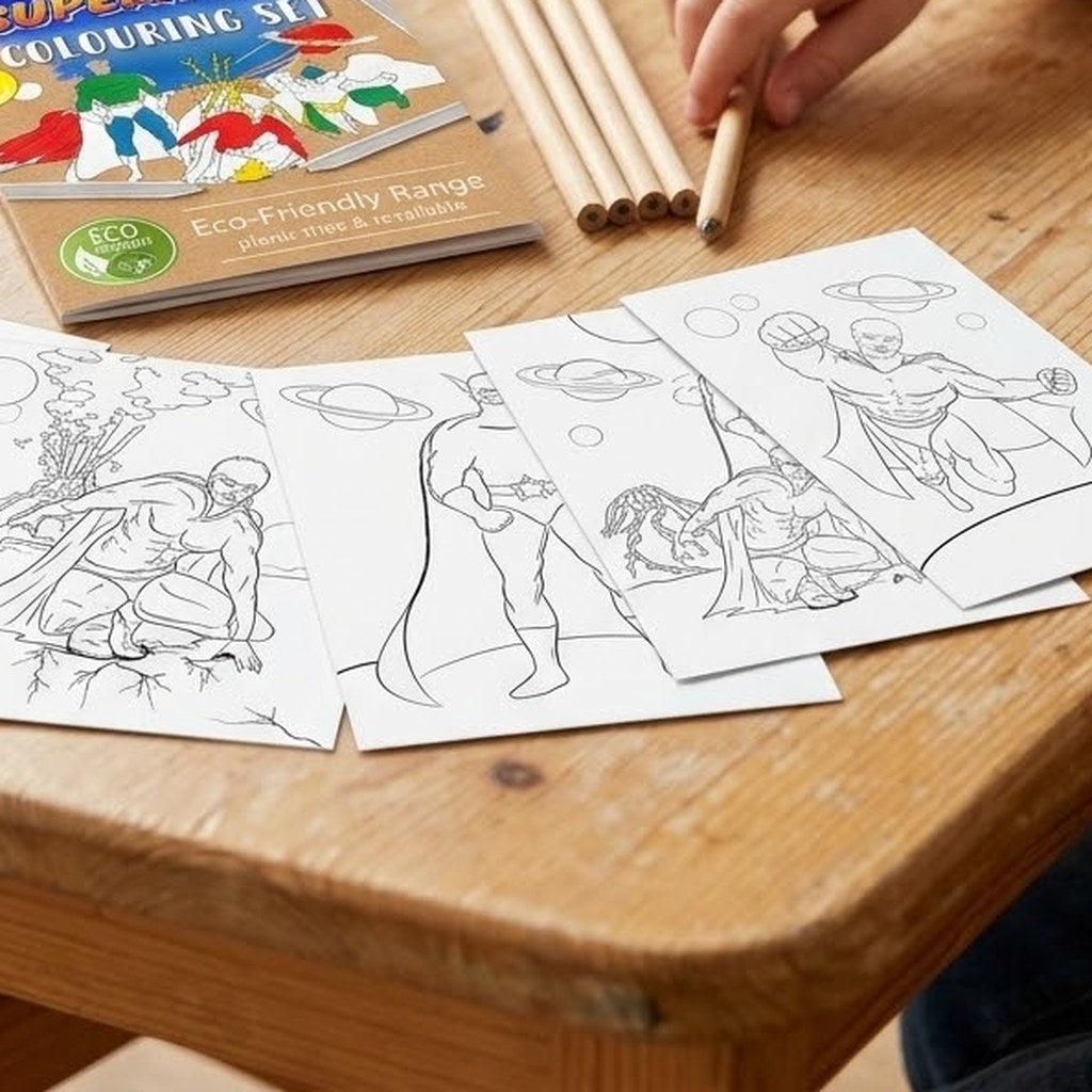 Superhero Colouring Kraft Pouch 6 Sheets 4 Pencils - close-up