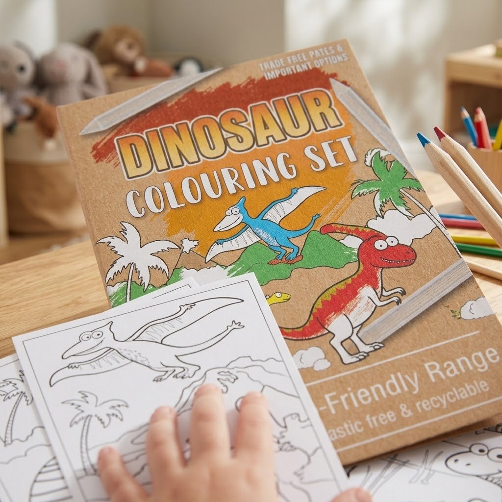 Dinosaur Colouring Kraft Pouch 6 Sheets 4 Pencils - close-up