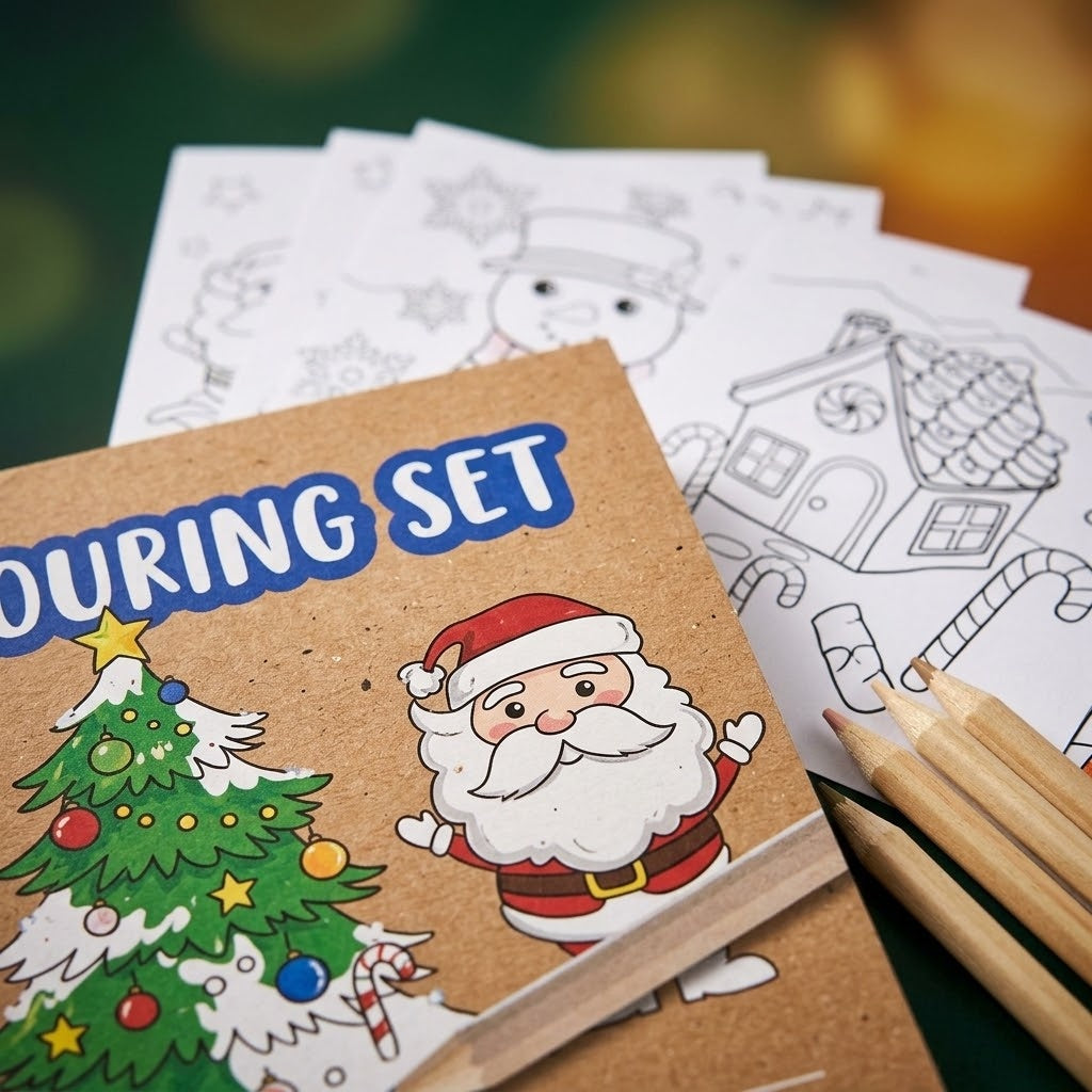 Christmas Colouring Kit 6 Sheets and 4 Crayons - close-up