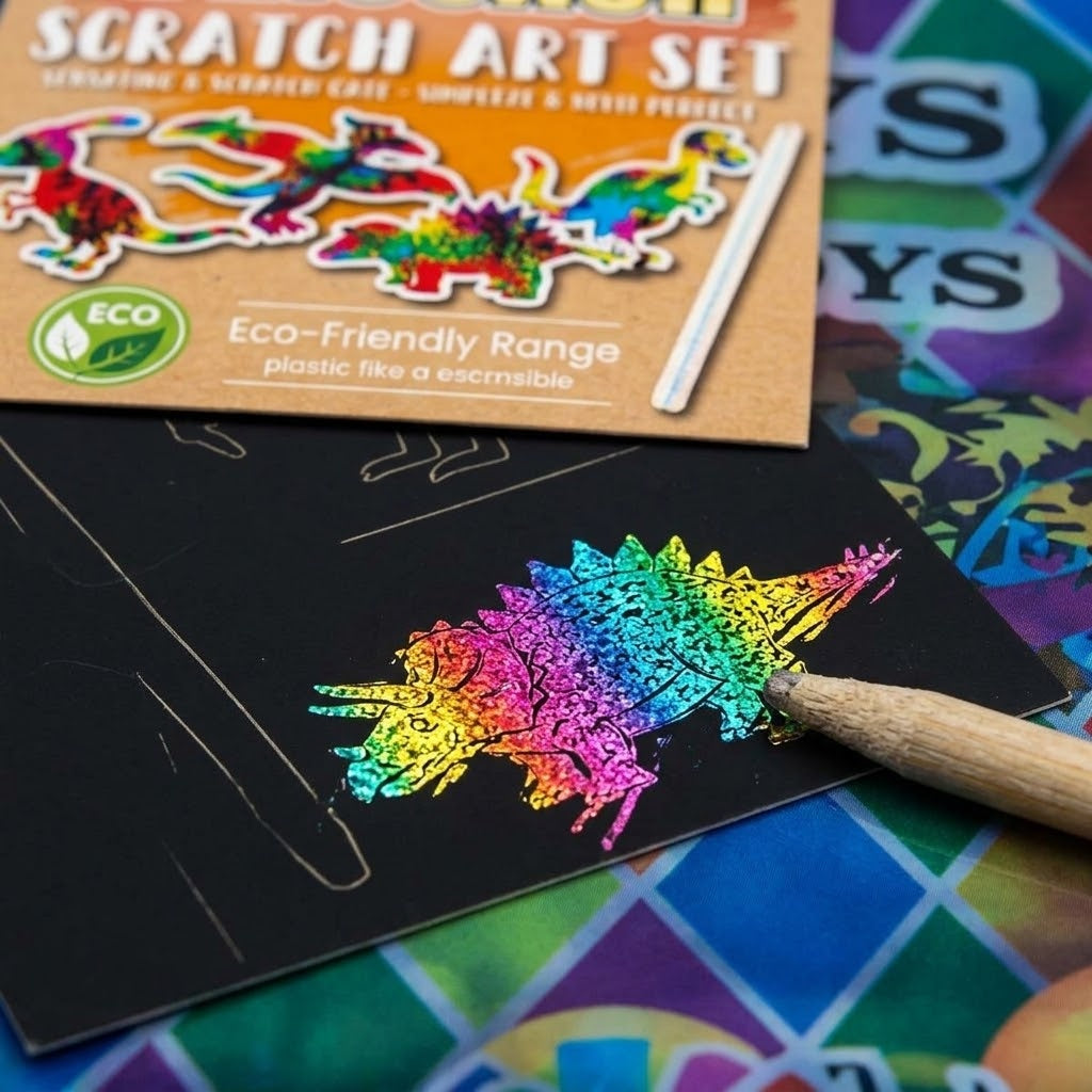 Dinosaur Scratch Art Kit Kraft Pouch with Stencil - close-up