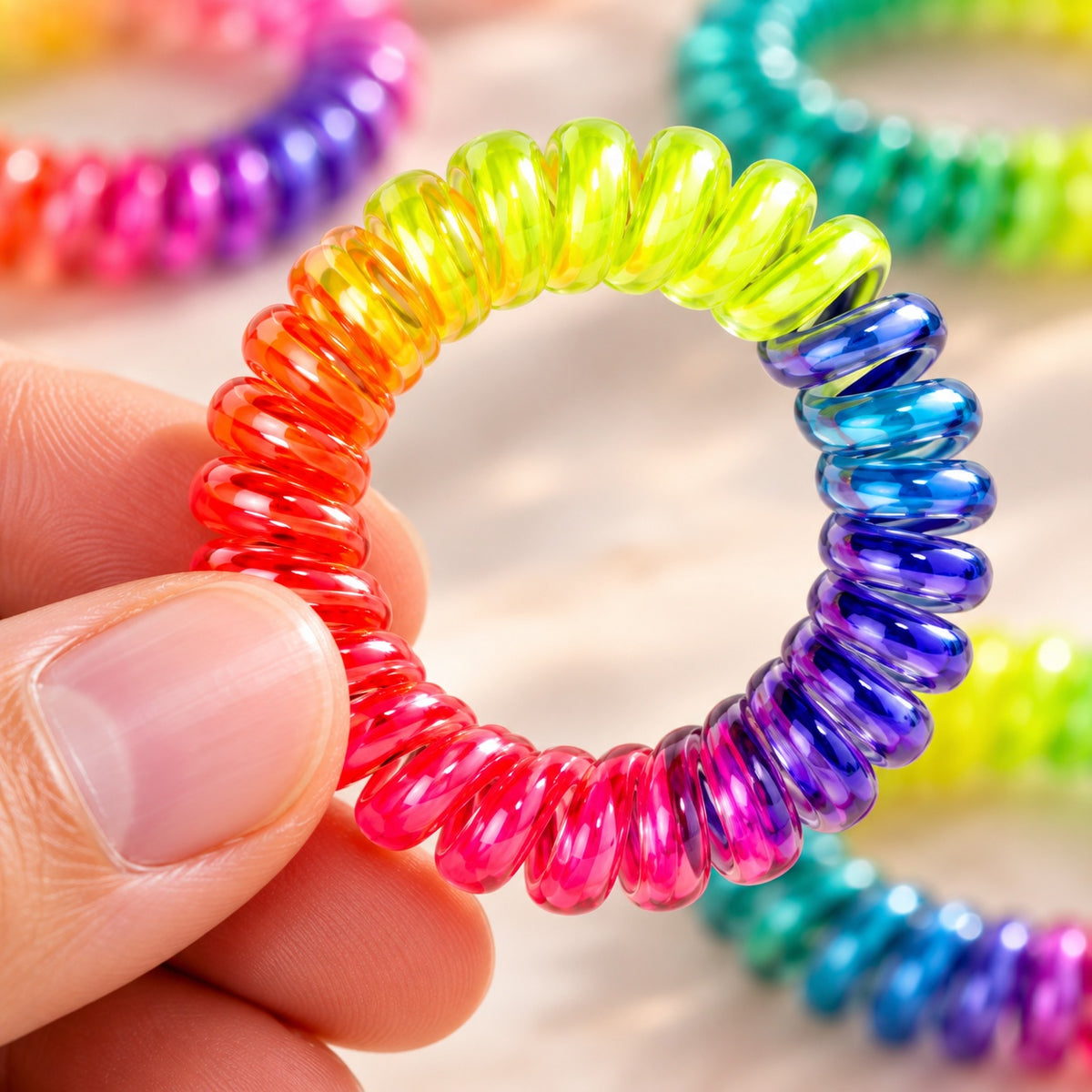Rainbow Spiral Coil Bracelet Hair Tie - close-up