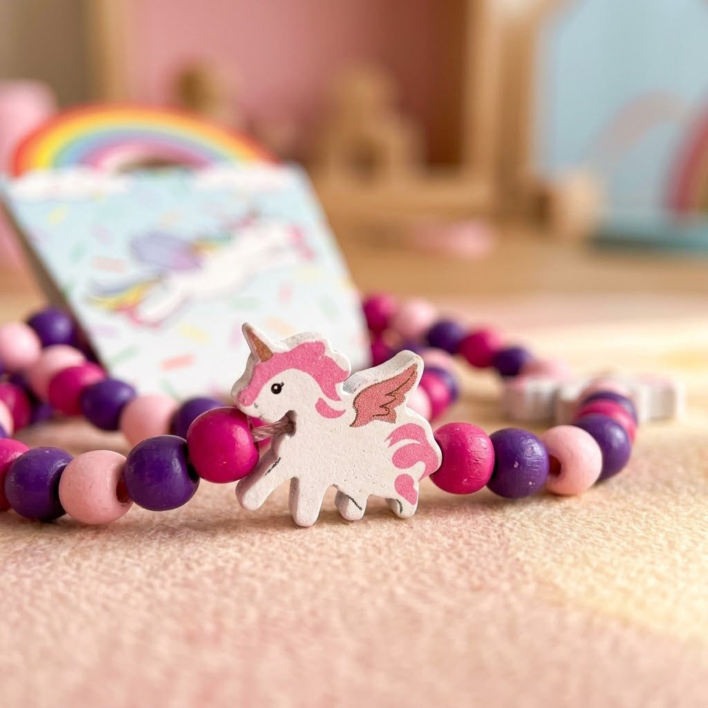 Wooden Unicorn Bracelet and Necklace Jewellery Set - close-up