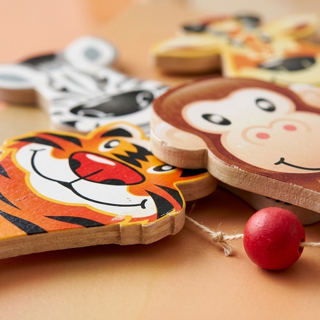 Wooden Paddle Ball Jungle Animals 23 cm - close-up