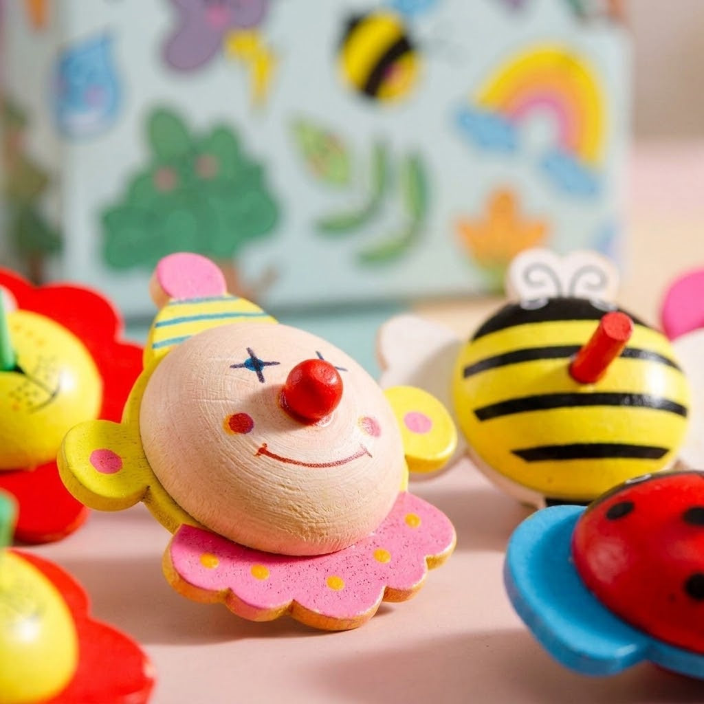 Wooden Spinning Top Flower, Animal or Clown 6 cm - close-up
