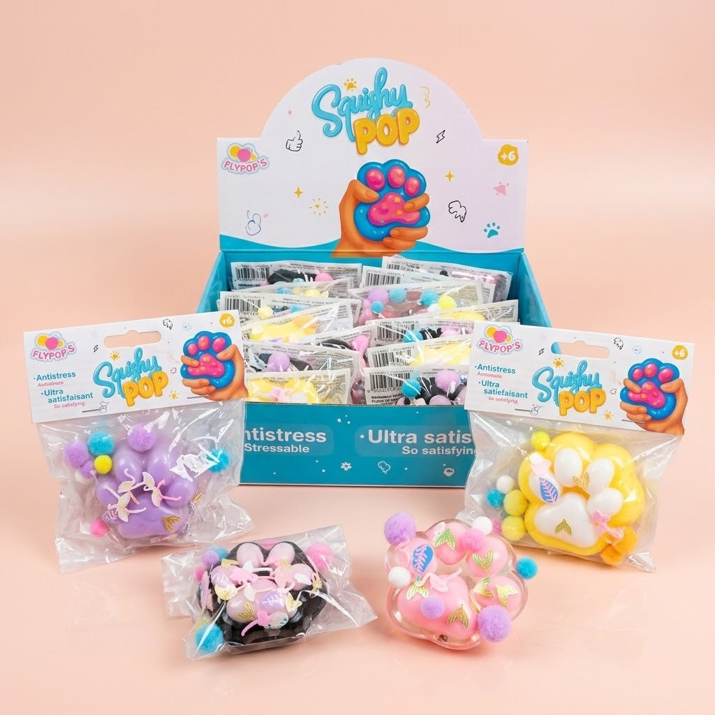 Cat Paw Squishy Stress Toy with Pompoms & Glitter Decor - studio photo