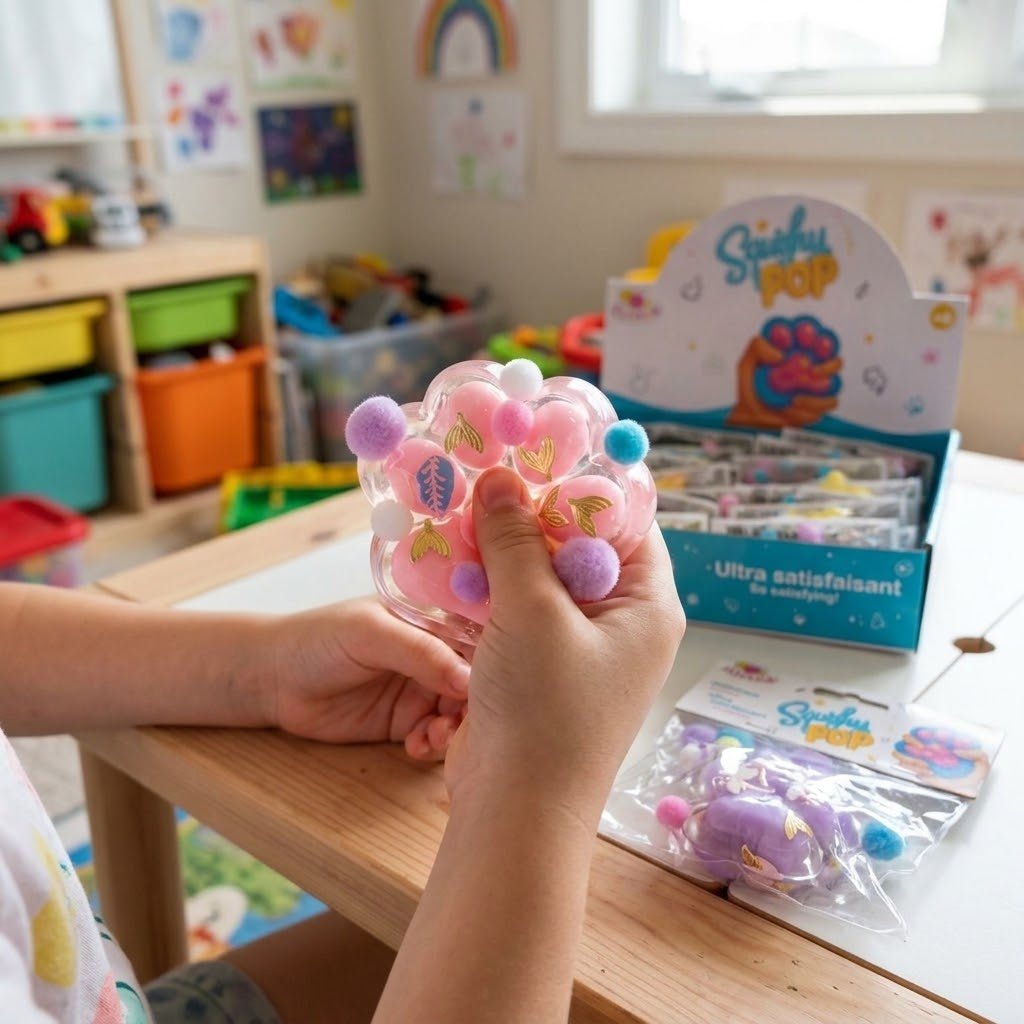 Cat Paw Squishy Stress Toy with Pompoms & Glitter Decor - lifestyle photo