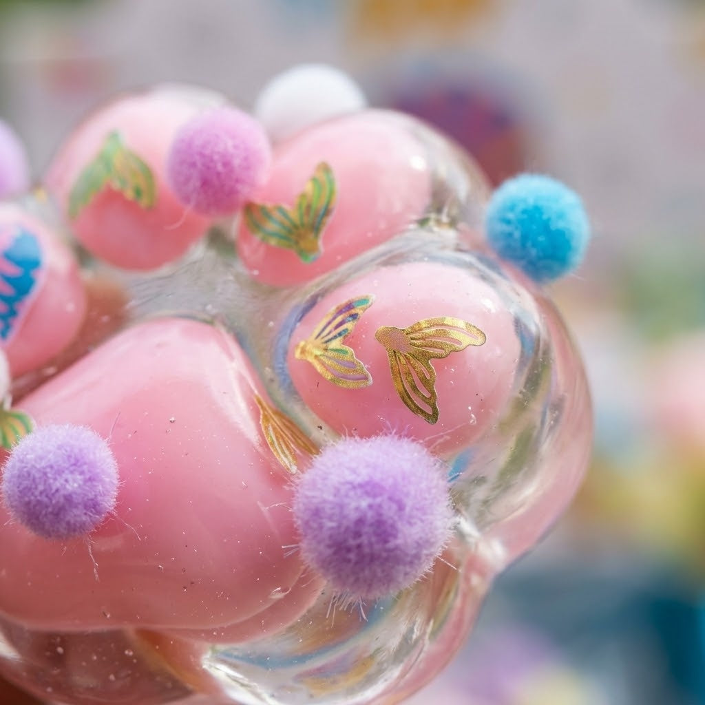 Cat Paw Squishy Stress Toy with Pompoms & Glitter Decor - close-up
