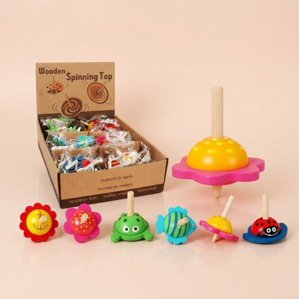 Wooden Spinning Top Flower & Animal Designs 5 cm - studio photo
