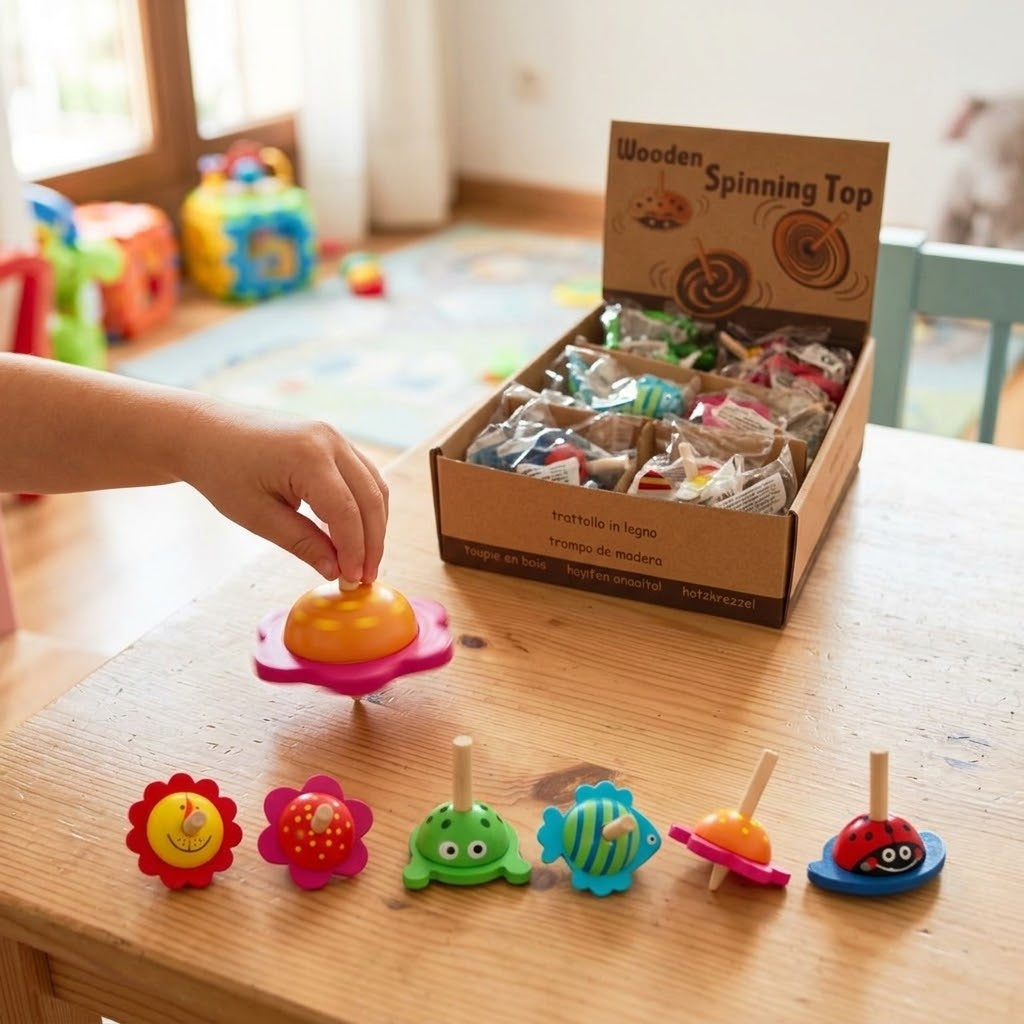 Wooden Spinning Top Flower & Animal Designs 5 cm - lifestyle photo