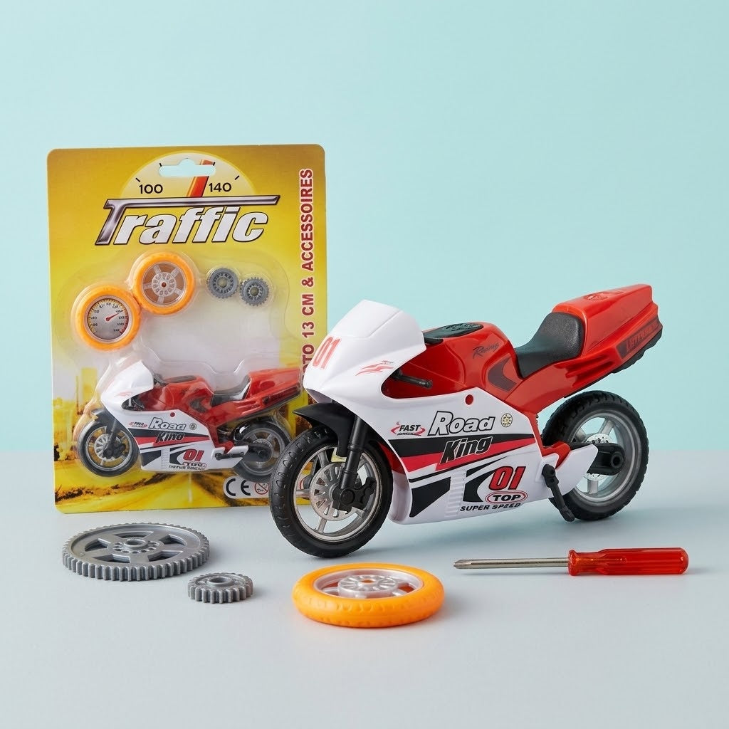 Toy Motorbike 13 cm with Tools and Spare Wheels - studio photo