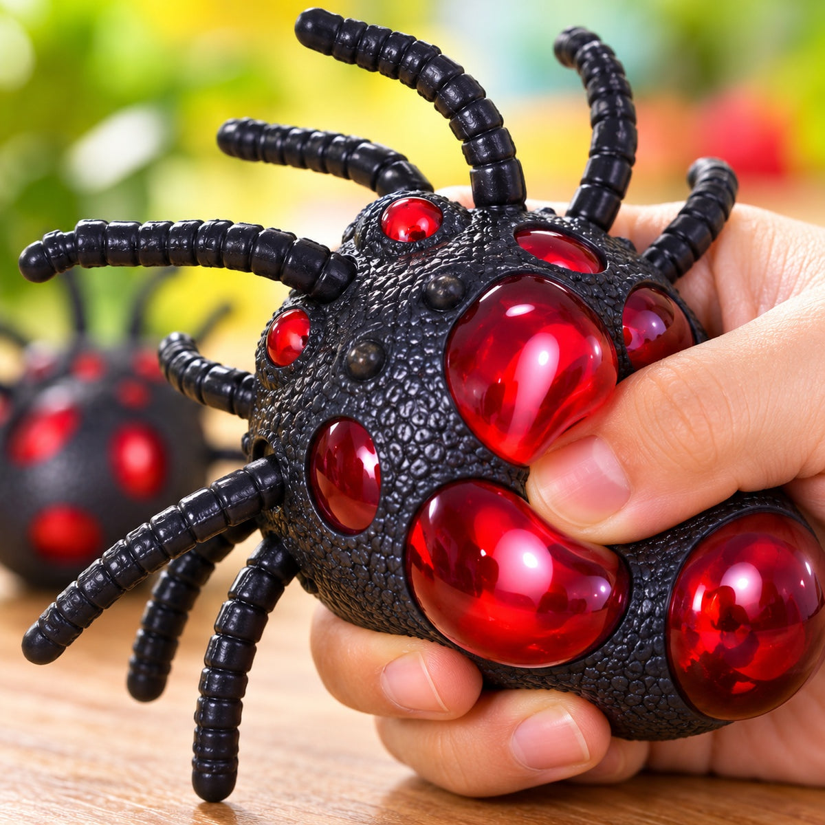 Squishy Spider with Worms Inside Halloween Toy 13 cm - close-up