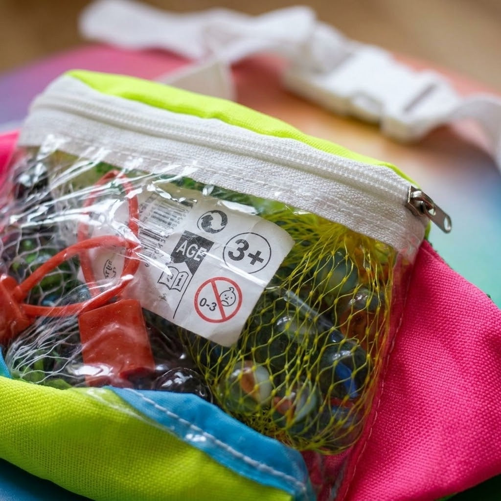 Marbles Set 80 Marbles and 4 Shooters in Bum Bag - close-up