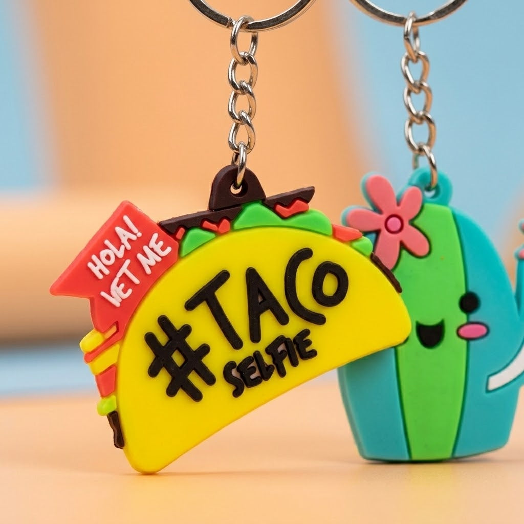 Mexico Keychain Cactus & Taco Fiesta Keyring - close-up