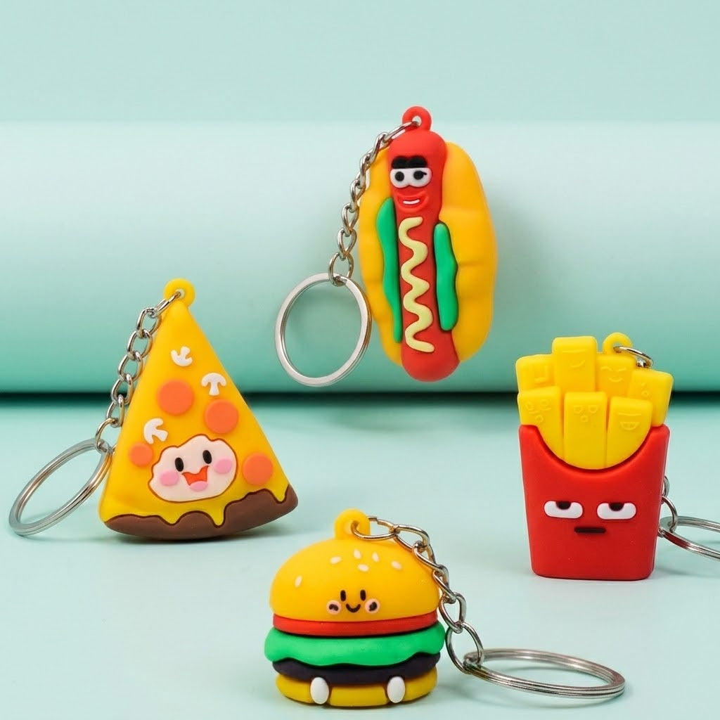 3D Snack Keychain Burger Fries Pizza Keyring 5 cm - studio photo