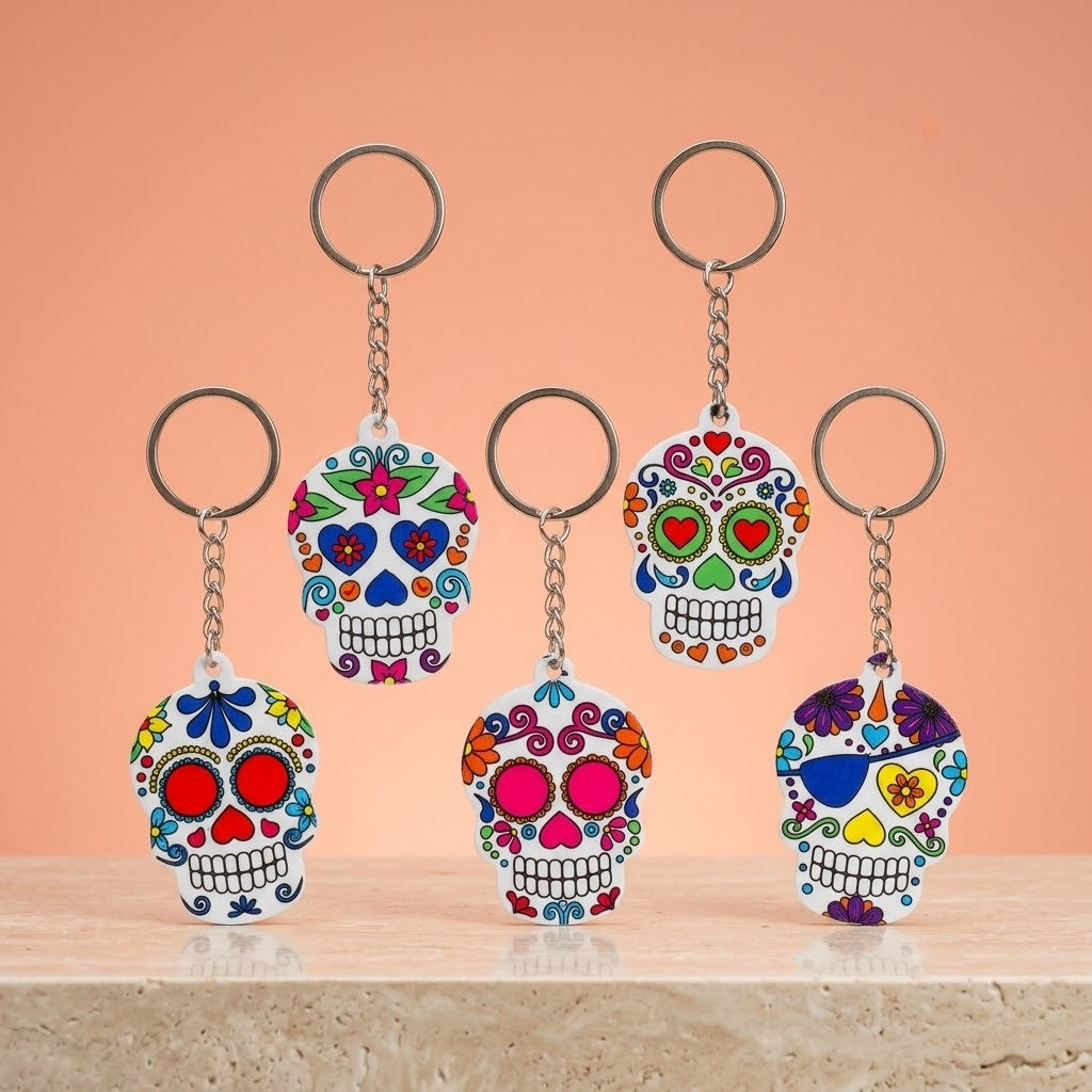 Mexican Sugar Skull Keychain Calavera Key Ring - studio photo