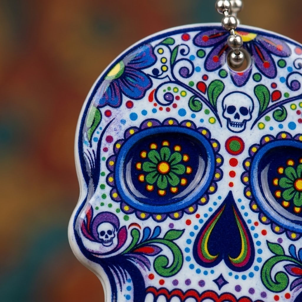 Mexican Sugar Skull Keychain Calavera Key Ring - close-up