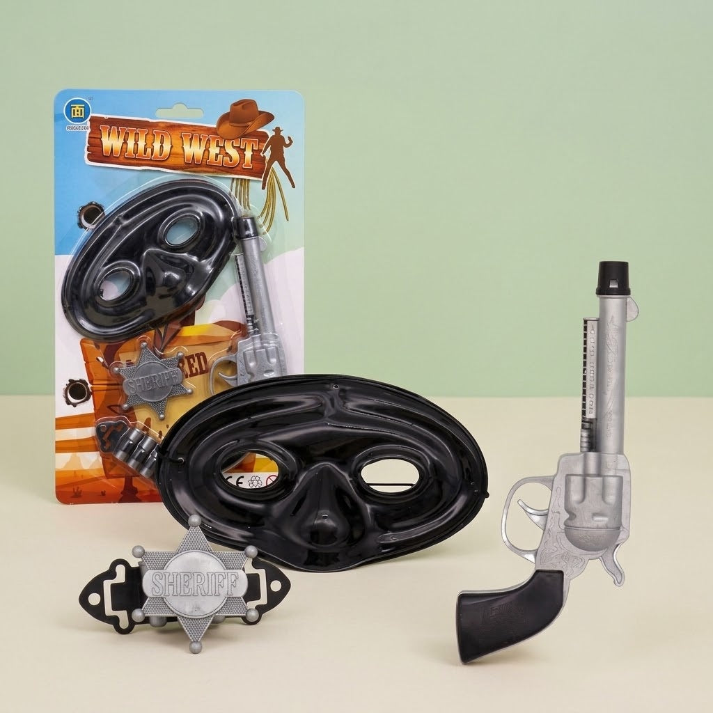 Cowboy Toy Gun Set with Mask, Star & Bullets - studio photo