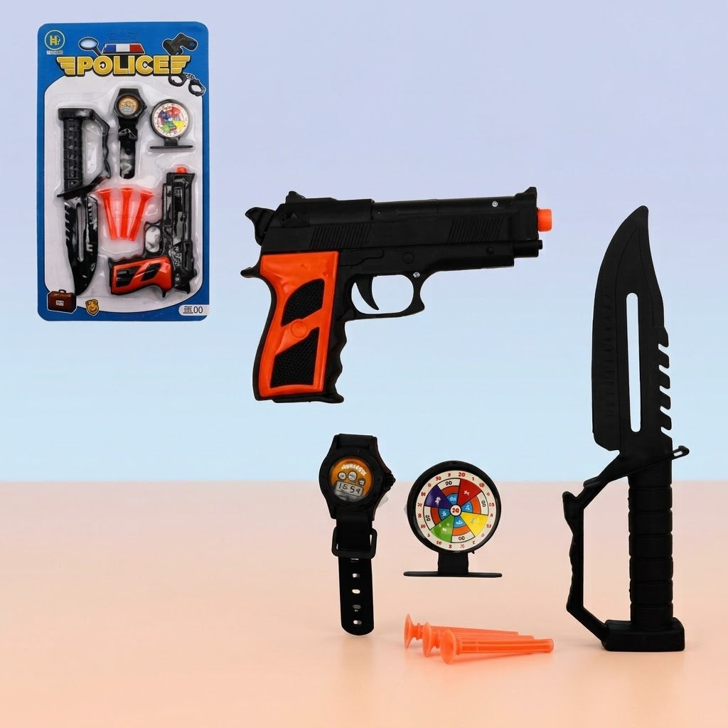Toy Dart Gun Set with Target, Watch & Dagger - studio photo
