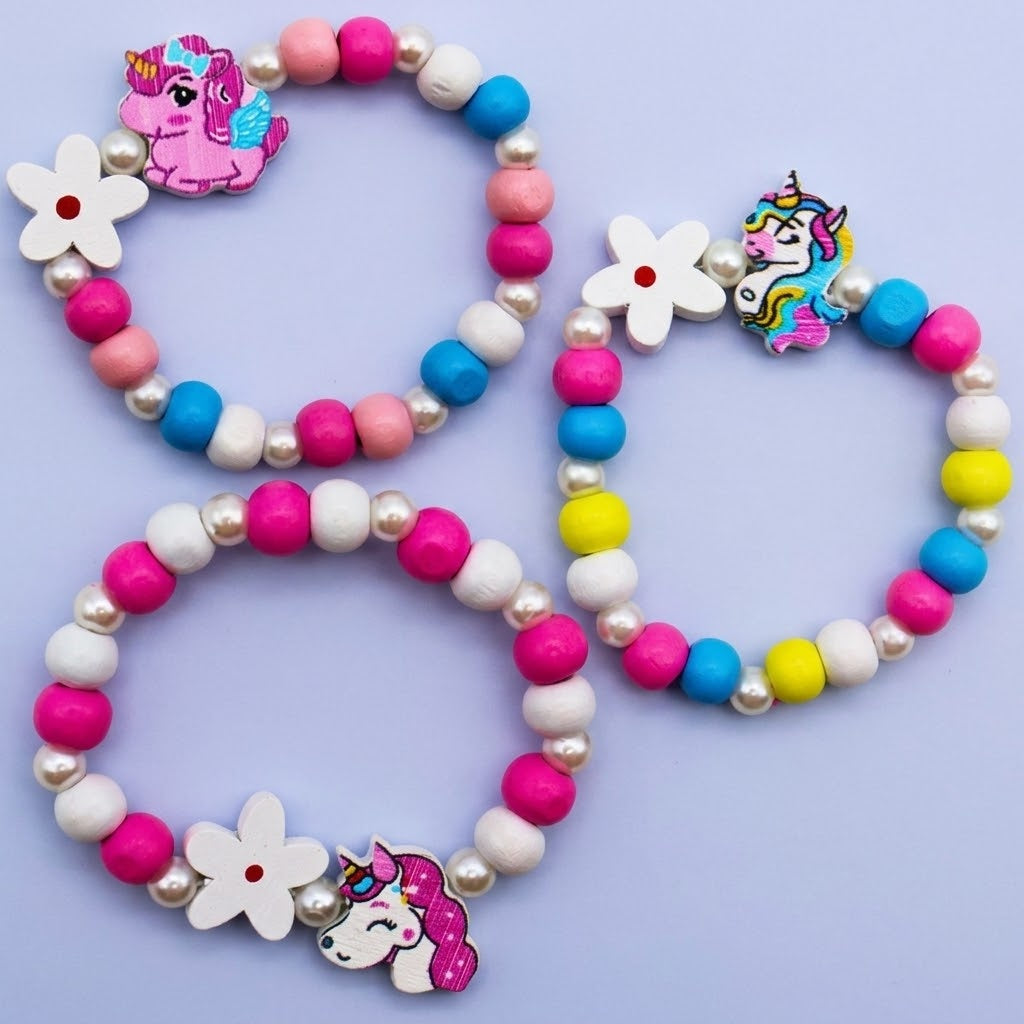 Unicorn and Flower Wooden Bead Bracelet - studio photo
