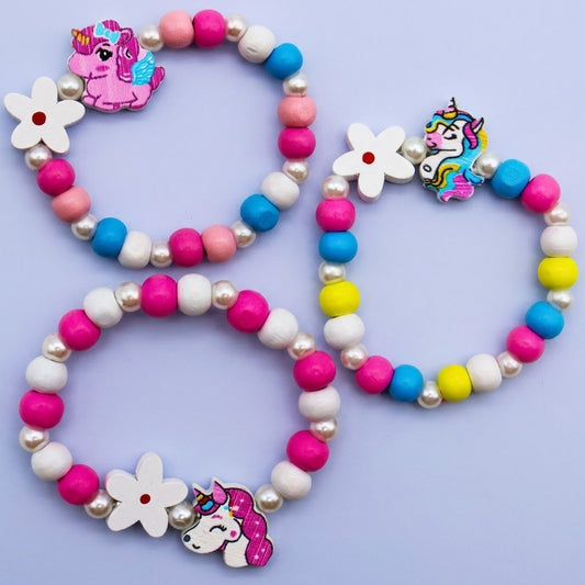 Unicorn and Flower Wooden Bead Bracelet - studio photo
