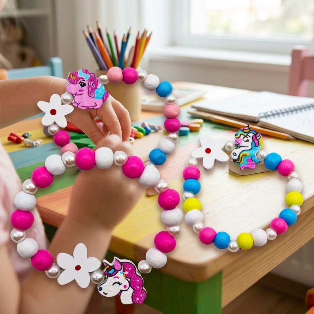 Unicorn and Flower Wooden Bead Bracelet - lifestyle photo