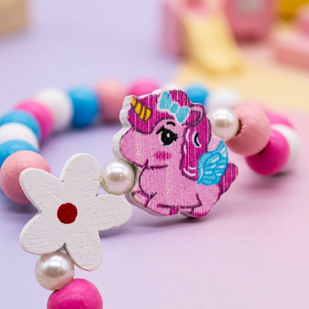 Unicorn and Flower Wooden Bead Bracelet - close-up