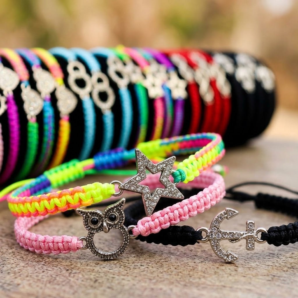 Braided Cord Bracelet with Mini Diamond Charm - close-up