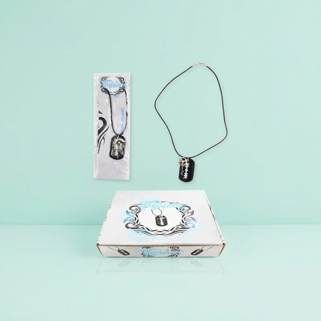 Fake Razor Blade Novelty Necklace with Pendant - studio photo