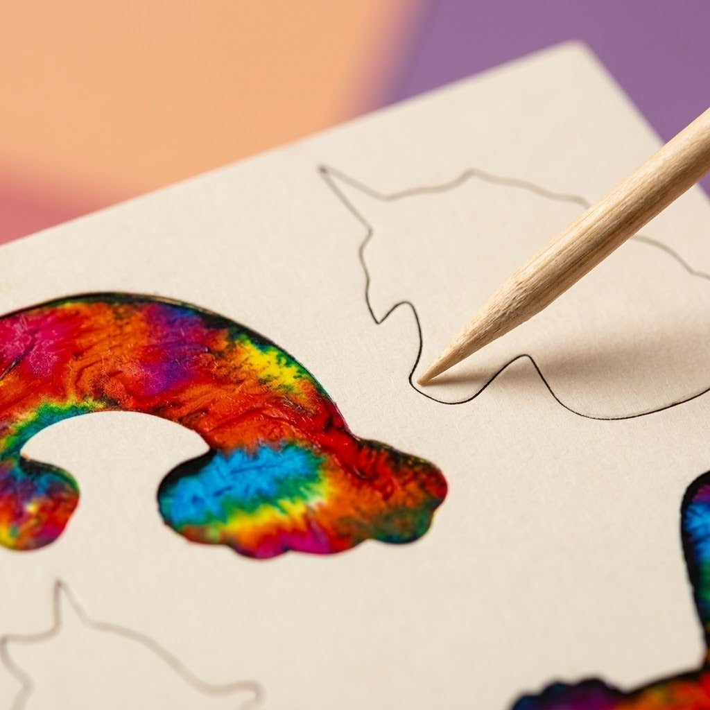 Unicorn Magic Scratch Card with 4 Stencils 8.5 cm - close-up