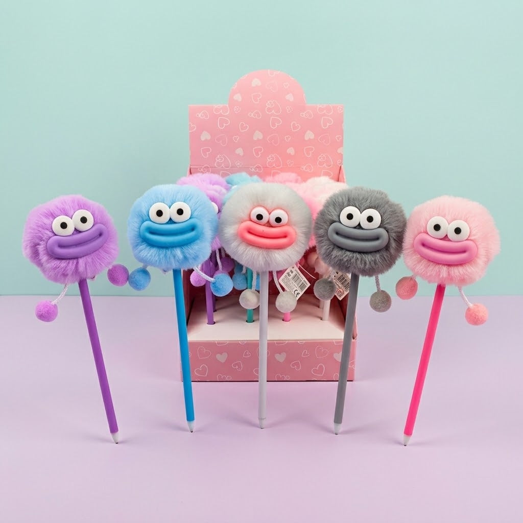 Big Lips Pompom Pen 23 cm Novelty Ballpoint - studio photo