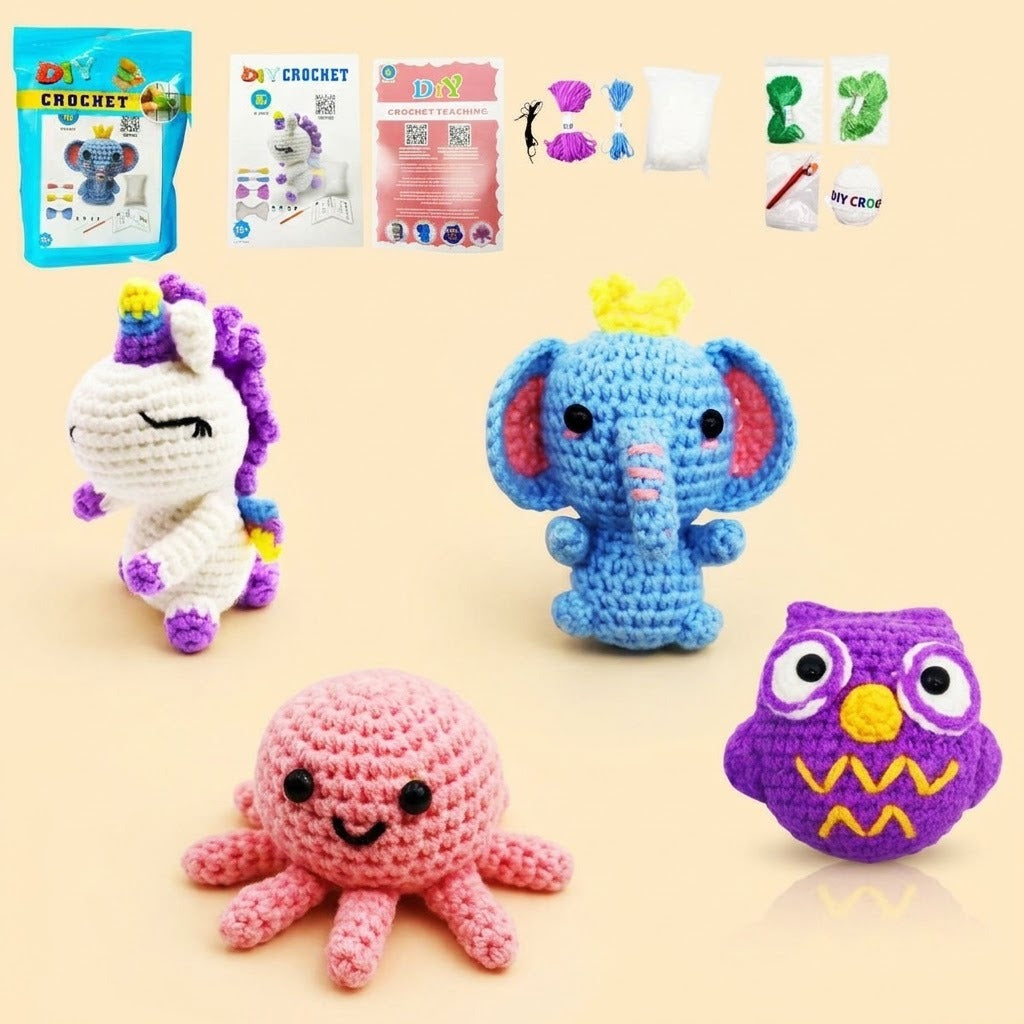 Beginner Crochet Kit Amigurumi Animal – 4 Assorted Designs - studio photo