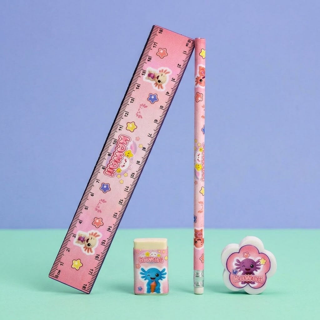 Kawaii Axolotl Stationery Set 4 Pieces - studio photo