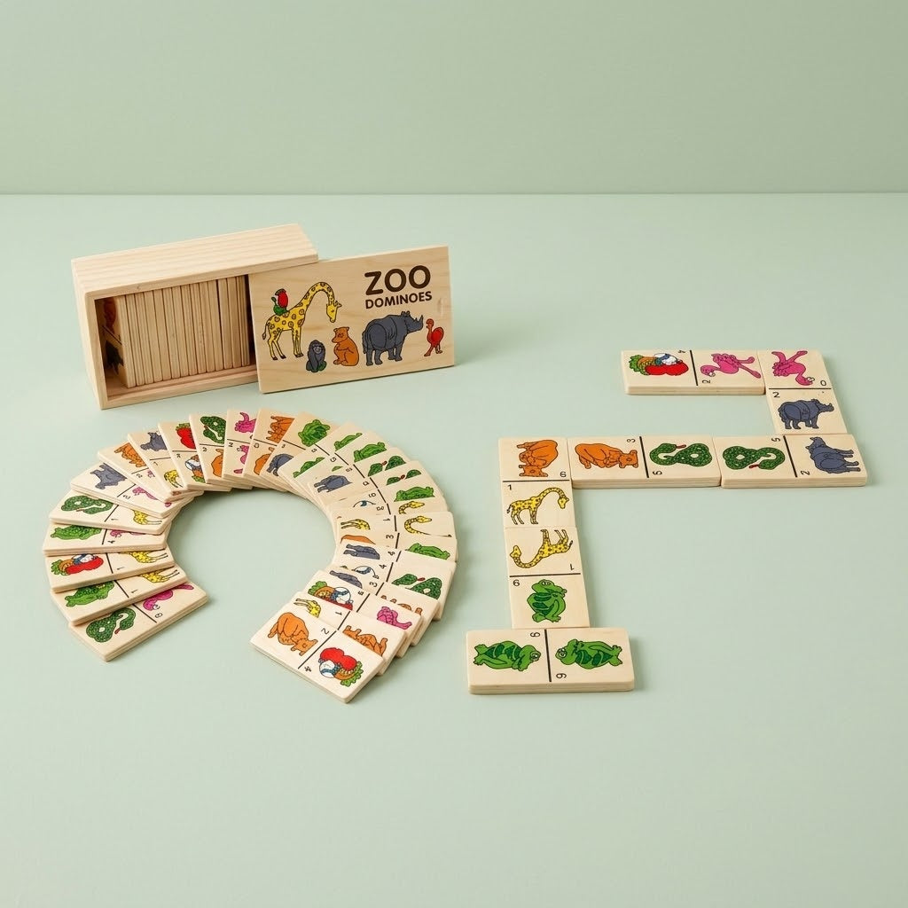 Wooden Animal Dominoes Game in Wooden Box - studio photo