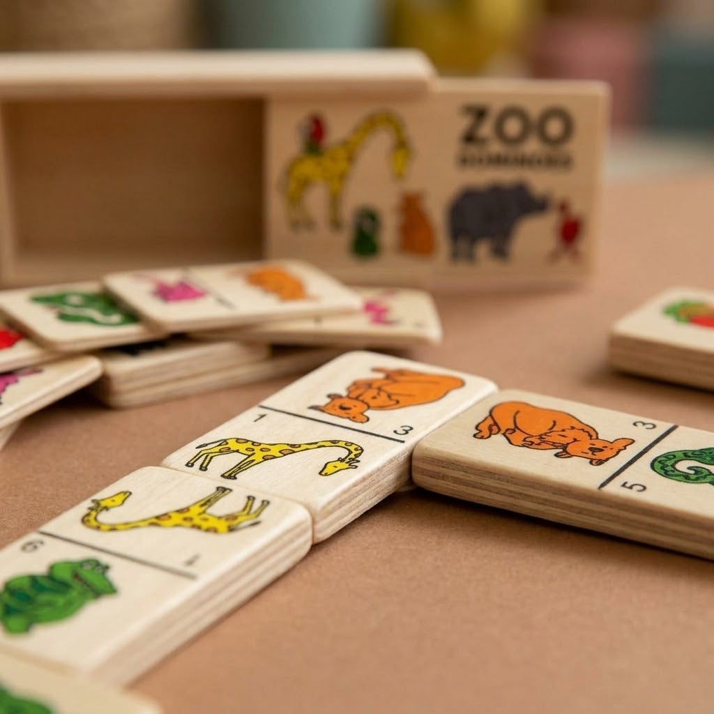 Wooden Animal Dominoes Game in Wooden Box - close-up