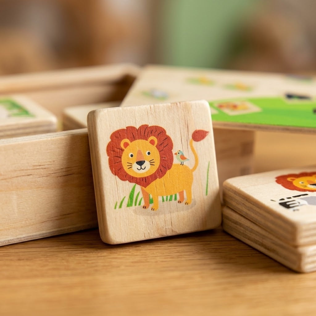 Wooden Animal Memory Game 20 Pieces in Wooden Box - close-up