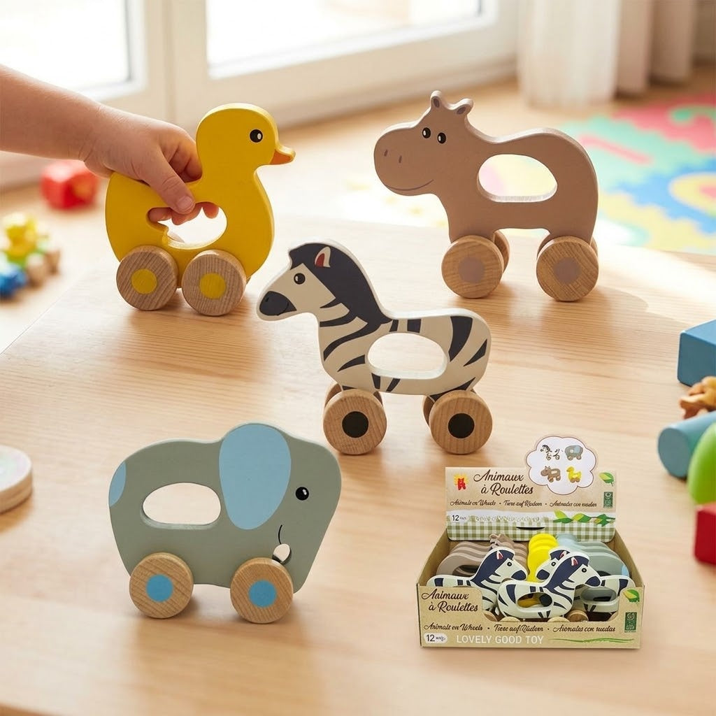 Wooden Pull Along Animal on Wheels Toddler Toy - lifestyle photo